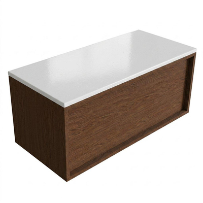 Saniclass Holz Frame Ensemble meuble de salle de bains - 100x45x42.5cm - plan de toilette Torino en solid surface blanc - sans trou de robinet - 1 tiroir - walnut pure mat (bois)