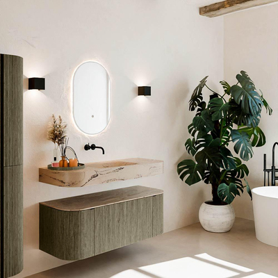 MONDIAZ THOR-DLUX 120cm meuble de salle de bains arrondi gauche + droite couleur Shadow avec 1 tiroir et 2 portes. Vasque suspendue CLOUD Milieu sans trou de robinet couleur Arena.