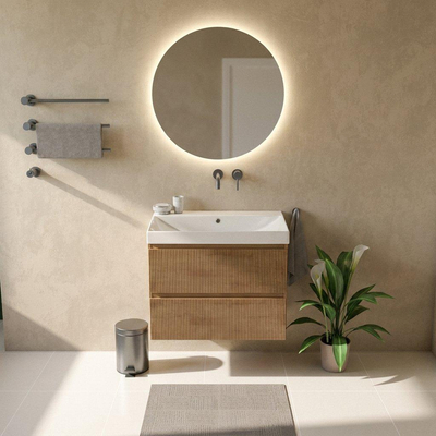 Saniclass Holz Atelier Ensemble meuble de salle de bains - 80x45x67.5cm - lavabo en céramique Wave - 1 vasque - sans trou de robinetterie - 2 tiroirs - chêne natural mat (bois)