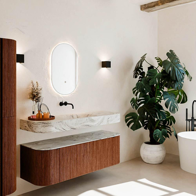 MONDIAZ THOR-DLUX 140cm meuble de salle de bains arrondi gauche + droite couleur Ruby avec 1 tiroir et 2 portes. Vasque suspendue CLOUD Milieu sans trou de robinet couleur Glace.