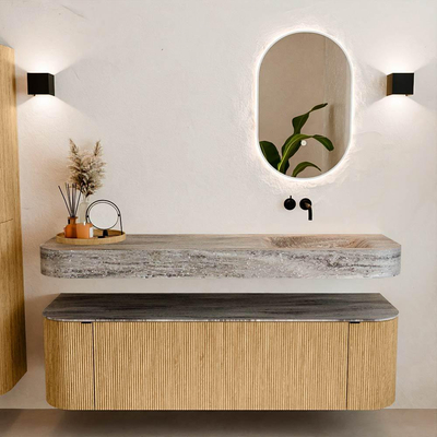 MONDIAZ THOR-DLUX 160cm badmeubel ronding links + rechts kleur Oak met 1 lade en 2 deuren. Vrijhangende wastafel CLOUD Rechts zonder kraangat kleur Oza.