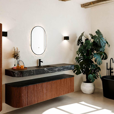 MONDIAZ THOR-DLUX 180cm meuble de salle de bains arrondi gauche + droite couleur Ruby avec 2 tiroirs et 2 portes. Vasque suspendue CLOUD Milieu 1 trou de robinet couleur Lava.