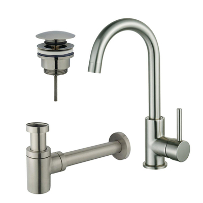 FortiFura Calvi Kit robinet lavabo - robinet haut - bec rotatif - bonde clic clac - siphon design bas - Inox brossé PVD