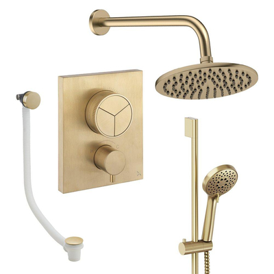 Crosswater MPRO Regendoucheset inbouw - 2 hendels - badafvoer - 20cm douchekop - handdouche - glijstang - wandarm - geborsteld messing (goud)