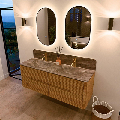 Mondiaz CIRO-DLUX Badkamermeubelset - 140x45x50cm - Solid surface wastafel Oza - 2 wasbak Dubbel - 2 kraangaten - 4 lades - Oak