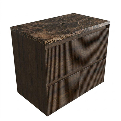 Saniclass Holz Atelier Ensemble de meubles de salle de bains - 80x45x63cm - Plan de travail en pierre naturelle Noche Dark Emperador - sans trou de robinet - 2 tiroirs - chêne charcoal mat (bois)