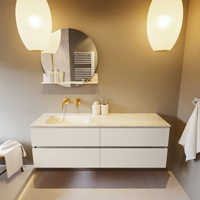 Mondiaz VICA-DLUX ensemble de meuble de salle de bain - 150cm - meuble sous-vasque lin - 4 tiroirs - lavabo encastrée cloud gauche - sans trous de robinet - version haute de 60cm - ostra