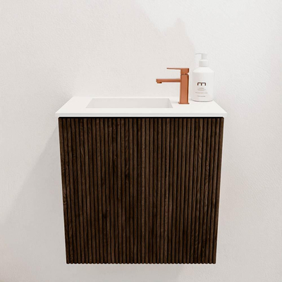 Mondiaz JOYA 40cm toiletmeubel - kleur Walnut - Wastafel FAYE positie Links 1 kraangat kleur Talc.