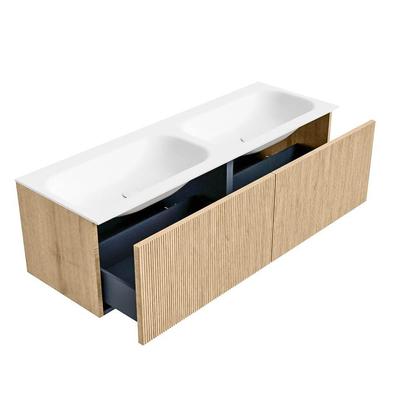 MONDIAZ KURVE Meuble de salle de bains 140 cm couleur Oak avec 2 tiroirs. Lavabo BIG SMALL double 2 trous de robinet Talc.