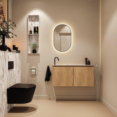 MONDIAZ TURE-DLUX Meuble toilette - 100cm - Washed Oak - EDEN - vasque Glace - position gauche - 1 trou de robinet