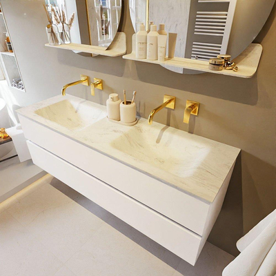 MONDIAZ VICA-DLUX Ensemble meuble de salle de bains - 150cm - sous-meuble talc - 2 tiroirs - lavabo encastré cloud double - sans trous de robinet - version haute 60cm - opalo