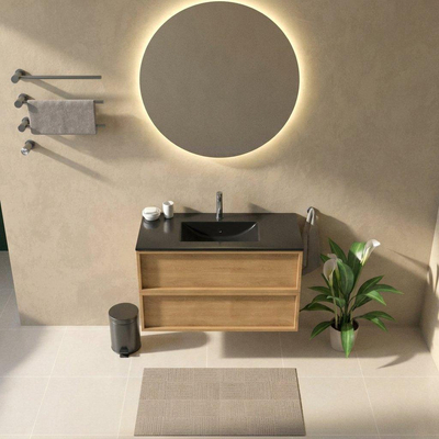 Saniclass Holz Frame Ensemble de meubles de salle de bains - 100x45x62cm - Vasque Vygo en céramique noire - 1 vasque - 1 trou de robinetterie - 2 tiroirs - chêne natural mat (bois)