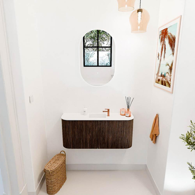 Mondiaz JOYA 93.2cm toiletmeubel - ronding links en rechts kleur Walnut - Wastafel FAYE positie Midden 1 kraangat kleur Talc.