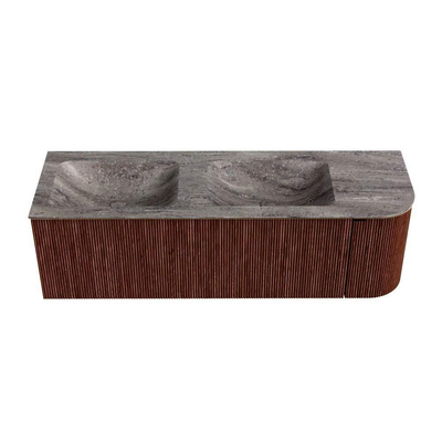 MONDIAZ KURVE-DLUX 145cm badmeubel ronding Rechts kleur Ruby met 1 lade en 1 deur. Wastafel LEAF Dubbel / Links 2 kraangaten Oza.