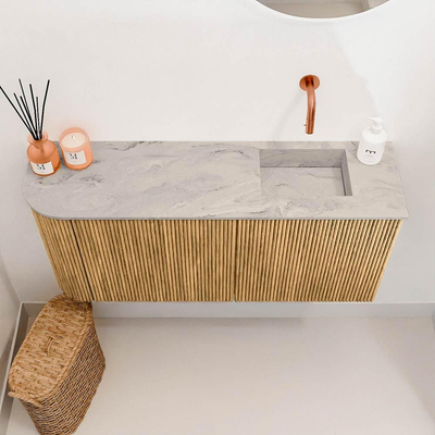 Mondiaz JOYA-DLUX 91.6cm toiletmeubel - ronding links kleur Oak - Wastafel FAYE positie Rechts Zonder kraangat kleur Glace.