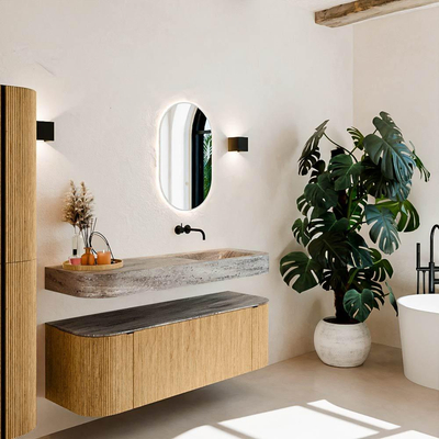 MONDIAZ THOR-DLUX 140cm meuble de salle de bains arrondi gauche + droite couleur Oak avec 1 tiroir et 2 portes. Vasque suspendue CLOUD droite sans trou de robinet couleur Oza.