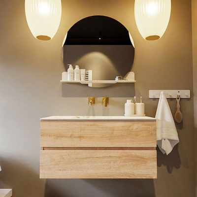 MONDIAZ VICA-DLUX Ensemble meuble de salle de bains - 100cm - meuble sous-vasque chêne blanchi - 2 tiroirs - lavabo encastré cloud centré - sans trous de robinetterie - version haute 60cm - frape