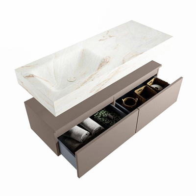Mondiaz ALAN-DLUX Ensemble de meuble - 120cm - meuble Smoke mat - 2 tiroirs - Lavabo Cloud Frappe suspendu - vasque Gauche - 1 trou de robinet