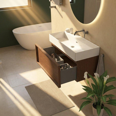 Saniclass Holz Frame Ensemble meuble de salle de bains - 100x45x52cm - Legend lavabo en céramique blanc - 1 vasque - sans trou de robinetterie - 1 tiroir - walnut pure mat (bois)