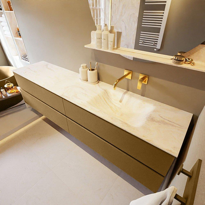 Mondiaz VICA-DLUX ensemble de meuble de salle de bain - 200cm - meuble sous-vasque oro - 4 tiroirs - lavabo encastré cloud droite - sans trous de robinet - version haute de 60cm - ostra