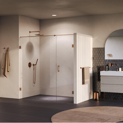 BRAUER Void Nisdeur - 2-delig - 200x200cm - 70cm draaideur aan muur - glascoating - omkeerbaar - helder glas - geborsteld koper PVD