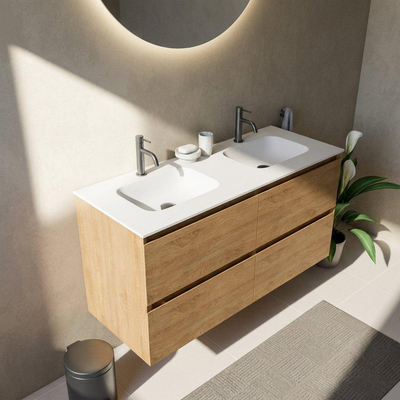 Saniclass Holz Pure Ensemble meuble de salle de bains - 120x45x61.5cm - Flow vasque en solid surface blanche - 2 vasques - 2 trous de robinet - 4 tiroirs - chêne natural mat (bois)