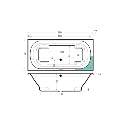 Xenz Kanaga Baignoire duo - 190x90x53 - bonde centrale - acrylique - blanc mat