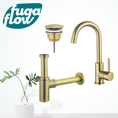 FugaFlow Eccelente Sobrado Badkamer Wastafelkraanset - hoge wastafelkraan - draaibare uitloop - always open plug - design sifon - PVD Geborsteld Messing