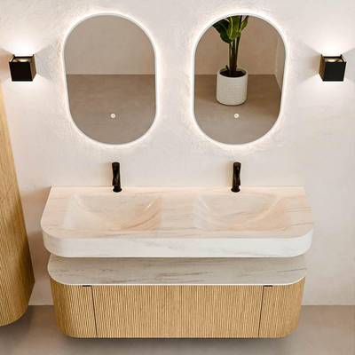 MONDIAZ THOR-DLUX 140cm badmeubel ronding links + rechts kleur Oak met 1 lade en 2 deuren. Vrijhangende wastafel CLOUD Dubbel 2 kraangaten kleur Meli.