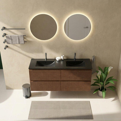 Saniclass Holz Atelier Ensemble meuble de salle de bains - 140x45x62cm - Lavabo Vygo en céramique noir - 2 vasques - 2 trous de robinetterie - 4 tiroirs - walnut pure mat (bois)