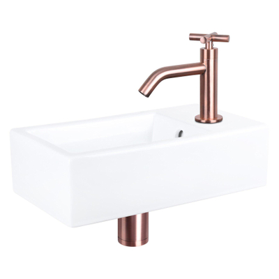 Differnz Force kit lave-mains - 40x22x11.5cm - Rectangulaire - 1 trou de robinet - Robinet en cuivre rose courbé - poignée croix - Céramique blanche