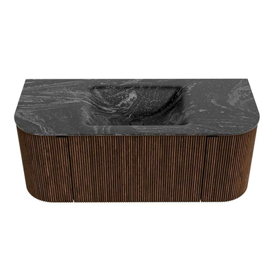 MONDIAZ KURVE-DLUX 110cm badmeubel met module 25 Len R kleur Walnut met 1 lade en 2 deuren. Wastafel CLOUD midden zonder kraangat kleur Lava.