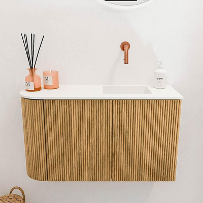 Mondiaz JOYA 71.6cm toiletmeubel - ronding links kleur Oak - Wastafel FAYE positie Rechts Zonder kraangat kleur Talc.