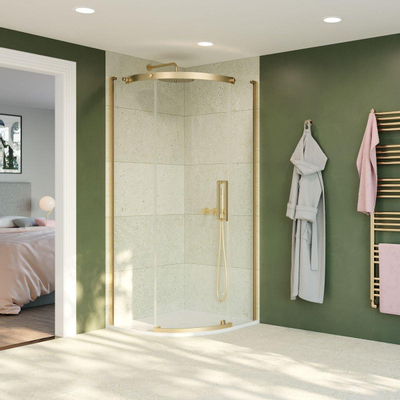 Crosswater Optix 10 Kwartronde Douchebak - 900x900 Rechts Handvat - gecoat messing geborsteld (goud)
