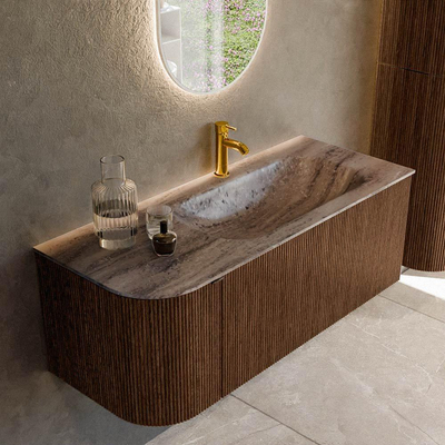 MONDIAZ KURVE-DLUX 115cm badmeubel ronding Links kleur Walnut met 1 lade en 1 deur. Wastafel BIG SMALL Rechts 1 kraangat Oza.