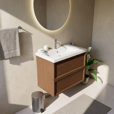 Saniclass Holz Frame Ensemble de meubles de salle de bains - 80x45x63.5cm - Vasque en céramique Palermo blanche - 1 vasque - 1 trou de robinetterie - 2 tiroirs - walnut pure mat (bois)