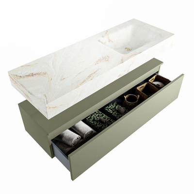 Mondiaz ALAN-DLUX Ensemble de meuble - 130cm - meuble Army mat - 1 tiroir - Lavabo Cloud Frappe suspendu - vasque Droite - 1 trou de robinet