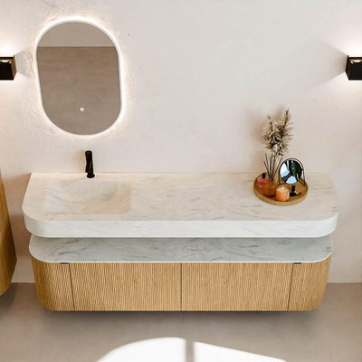 MONDIAZ THOR-DLUX 180cm meuble de salle de bains arrondi gauche + droite couleur Chêne avec 2 tiroirs et 2 portes. Vasque suspendue CLOUD Gauche 1 trou de robinet couleur Opalo.