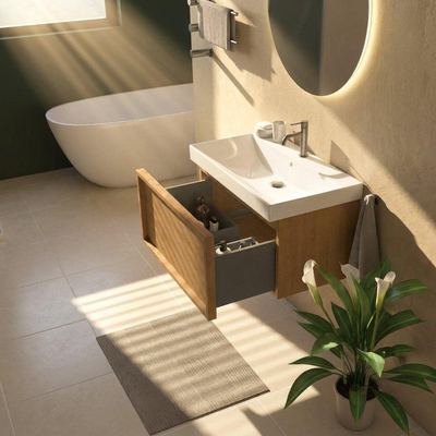 Saniclass Holz Frame Ensemble de meubles de salle de bains - 80x45x47.5cm - lavabo Wave en céramique - 1 vasque - 1 trou de robinetterie - 1 tiroir - chêne naturel mat (bois)