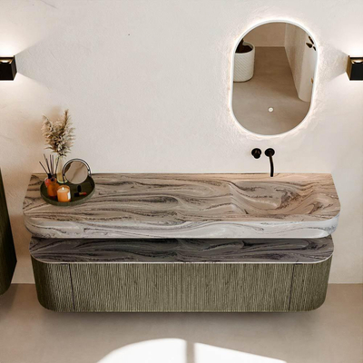 MONDIAZ THOR-DLUX 180cm meuble de salle de bains arrondi gauche + droite couleur Shadow avec 2 tiroirs et 2 portes. Vasque suspendue CLOUD droite sans trou de robinet couleur Sombra.