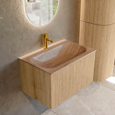 MONDIAZ KURVE-DLUX 70cm badmeubel kleur Oak met 1 lade en 0 deuren. Wastafel BIG SMALL Midden 1 kraangat Saba.