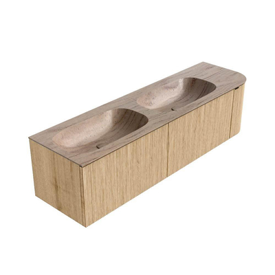 MONDIAZ KURVE-DLUX 165cm badmeubel ronding Rechts kleur Oak met 2 lades en 1 deur. Wastafel STOR SMALL Dubbel / Links 2 kraangaten Saba.