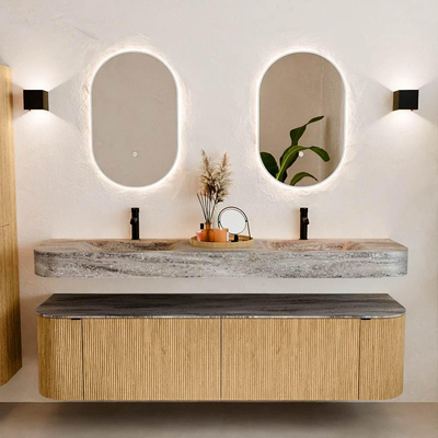 MONDIAZ THOR-DLUX 180cm badmeubel ronding links + rechts kleur Oak met 2 lades en 2 deuren. Vrijhangende wastafel CLOUD Dubbel 2 kraangaten kleur Oza.