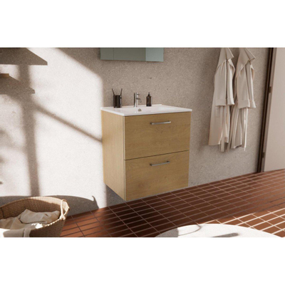 Nemo Go Ensemble de meuble - 60x65x45.5cm - 2 tiroirs - avec poignée - 1 vasque Blanc brillant - 1 trous de robinet - avec miroir - MDF Riverside Oak