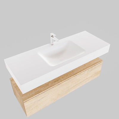 MONDIAZ ALAN 120cm - meuble bas - chêne blanchi - 1 tiroir - lavabo suspendu - cuve au milieu - 1 trou de robinet - talc