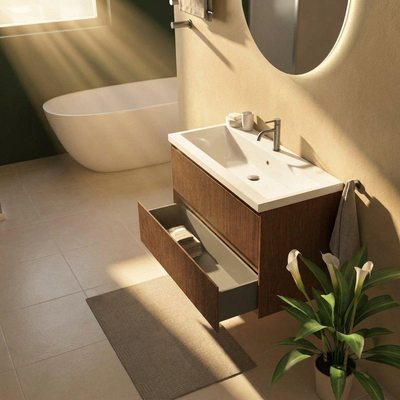 Saniclass Holz Atelier Ensemble de meubles de salle de bains - 100x45x63.5cm - Lavabo Bari en céramique blanc - 1 vasque - 1 trou de robinet - 2 tiroirs - walnut pure mat (bois)