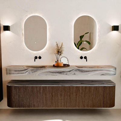 MONDIAZ THOR-DLUX 200cm meuble de salle de bains arrondi gauche + droite couleur Walnut avec 2 tiroirs et 2 portes. Vasque suspendue CLOUD Double sans trou de robinet couleur Sombra.