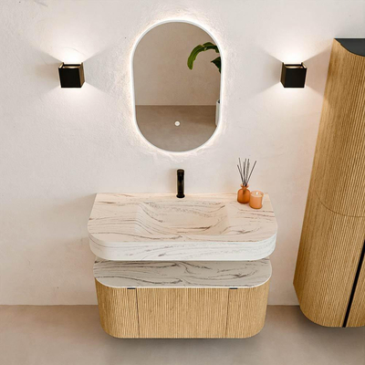 MONDIAZ THOR-DLUX 100cm badmeubel ronding links + rechts kleur Oak met 1 lade en 2 deuren. Vrijhangende wastafel CLOUD Midden 1 kraangat kleur Nata.