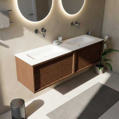 Saniclass Holz Frame Ensemble de meubles de salle de bains - 160x45x41.5cm - Flow lavabo en solid surface blanc - 2 vasques - sans trous de robinetterie - 2 tiroirs - noyer pure mat (bois)