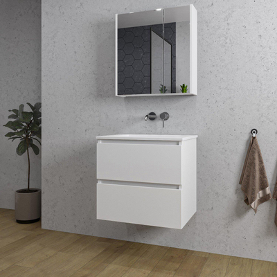 Saniclass Chaci Meuble de salle de bain - 60x46x55cm - lavabo en céramique blanc - 1 vasque - sans trou de robinet - 2 tiroirs - armoire miroir - blanc mat